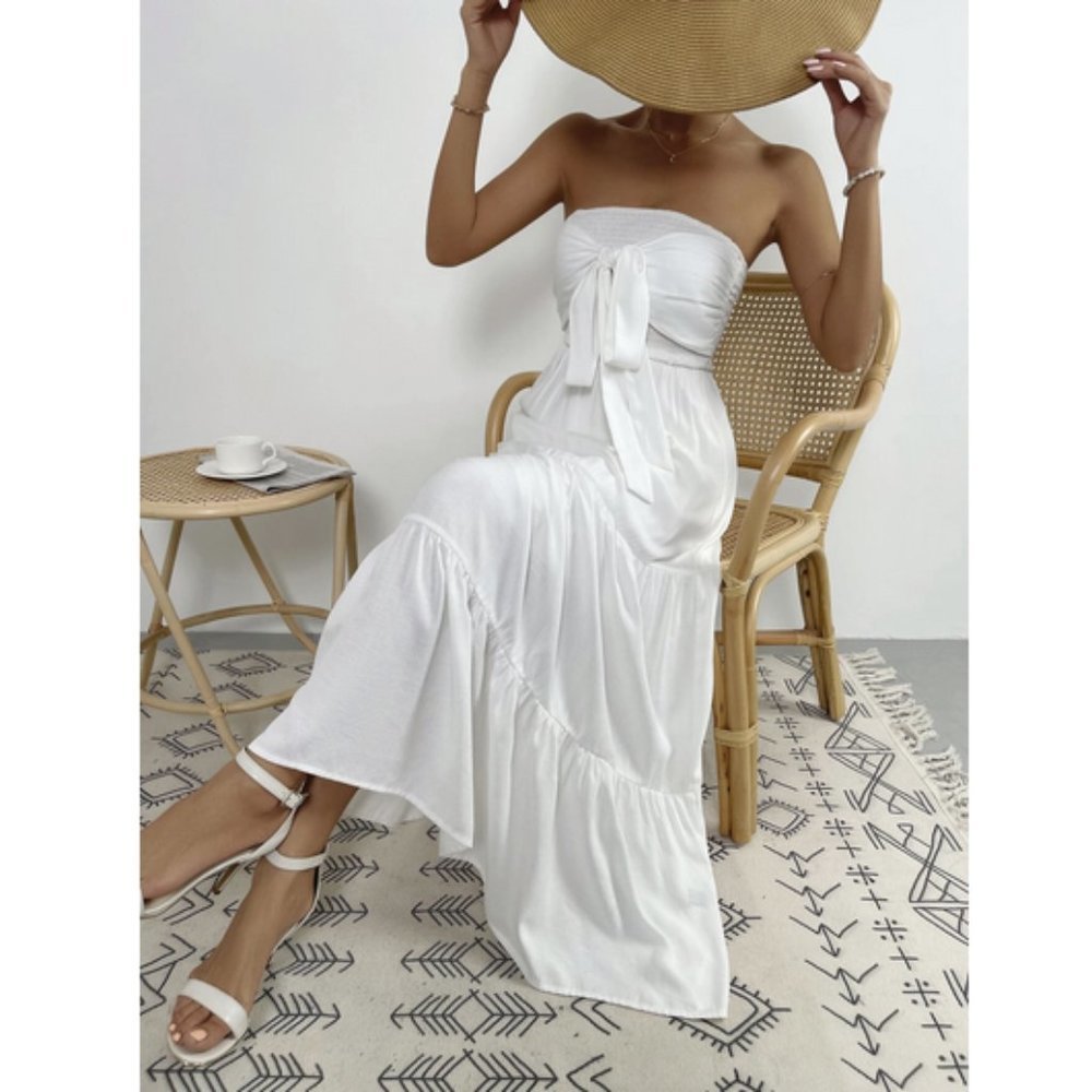 Boho Tie Front Shirred Ruffle Hem Tube Dress WHITE - Picture 5 of 6